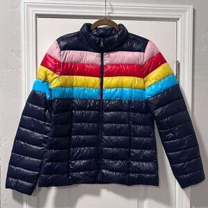 AQUA Navy Packable Rainbow-Stripe Puffer Coat, women's size Medium